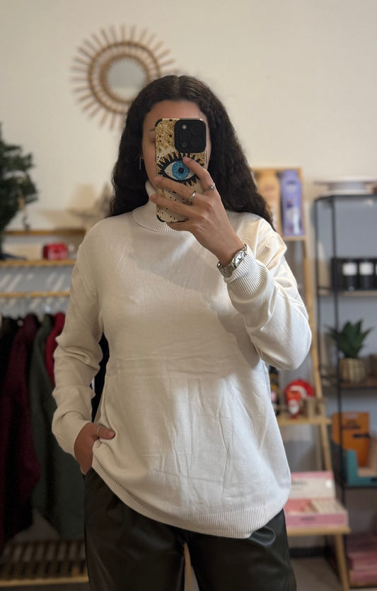 Pull écru col roulé